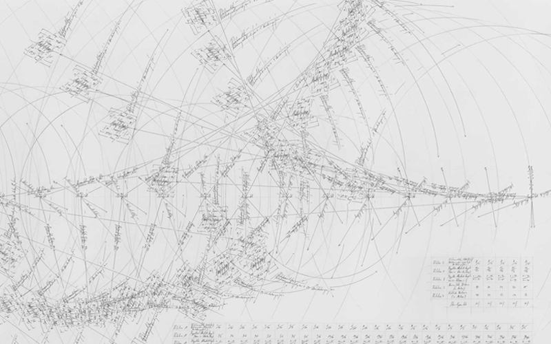 Intricately graphed intersecting lines accompanied by handwritten data tables. Credit to Jorinde Voigt.