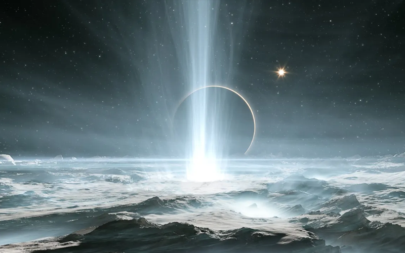 A plume of vapor rises from Europa’s frozen surface. A silhouetted Jupiter hangs in the sky overhead.