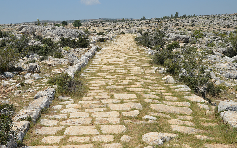 Grass grows between the irregular paving stones of an ancient road which stretches through an arid landscape.