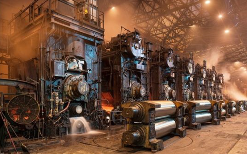 An industrial warehouse filled with rows of hulking machinery, glowing red-hot and surrounded by plumes of steam.