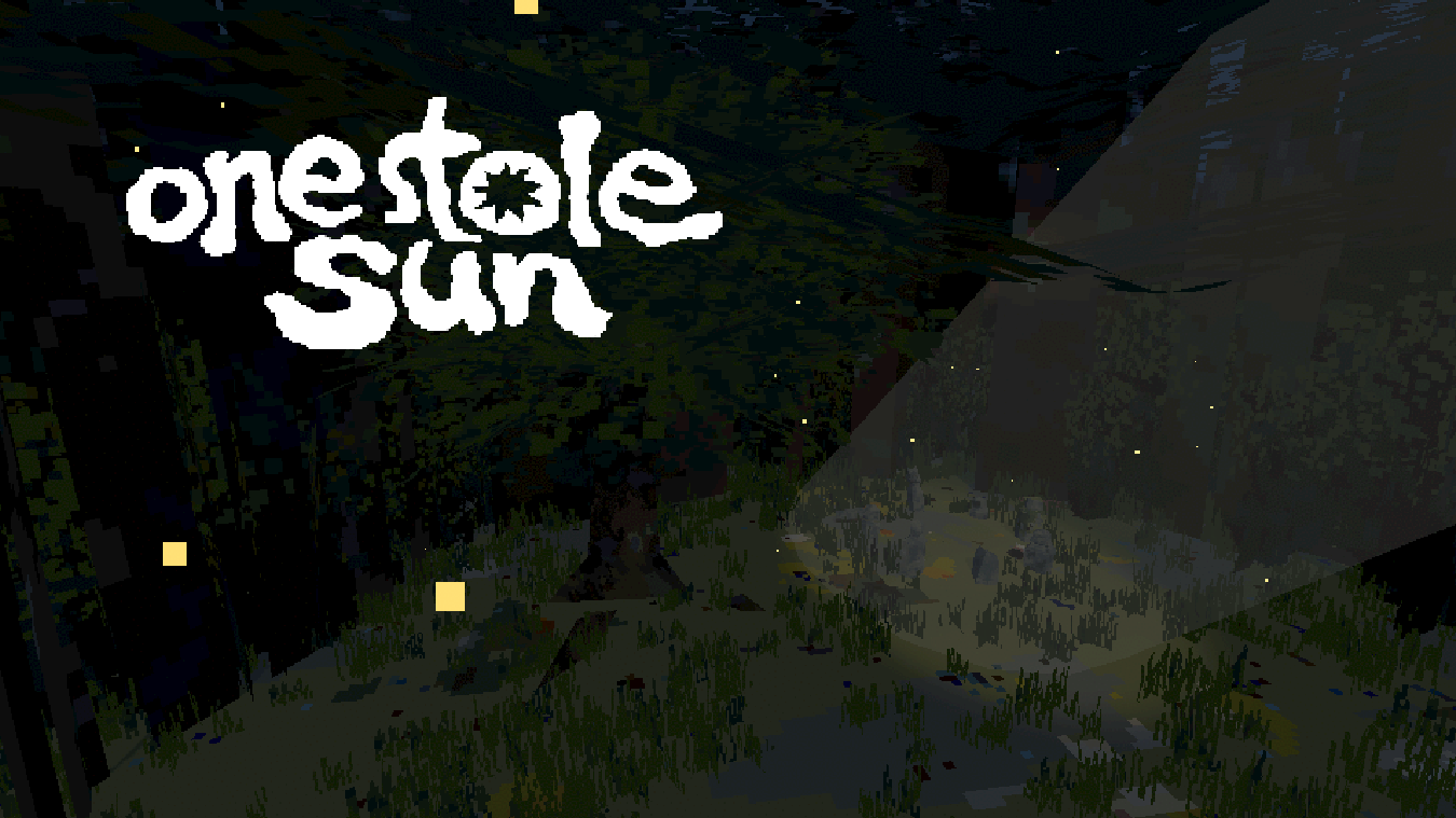A stylized, pixel-art forest scene shows the title “one stole sun” in white above a grassy clearing with a circle of statues.