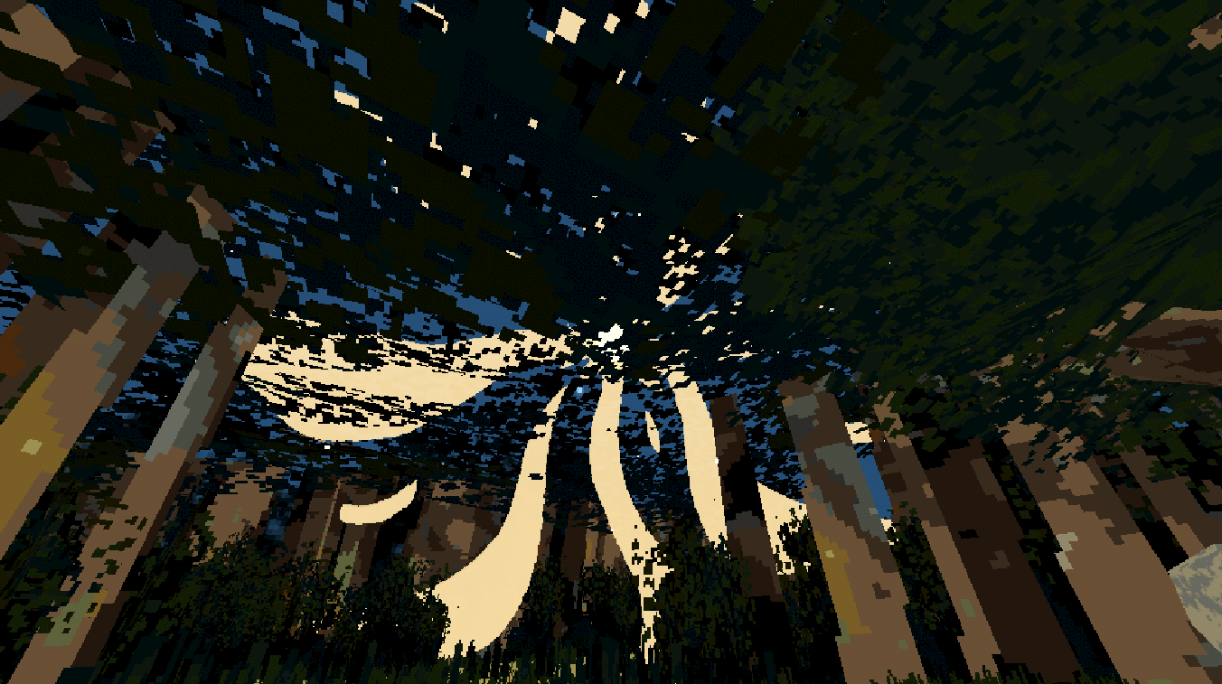 A pixelated view of the sun bursting out from behind a dense tree canopy.