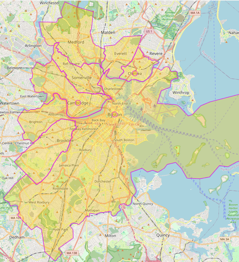 A map with Boston and surrounding cities outlined.