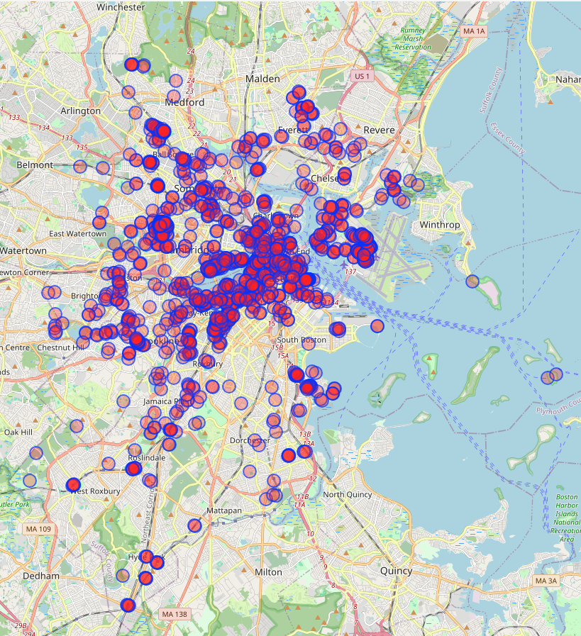 The same map as above, but with circular markers indicating the locations of query results.