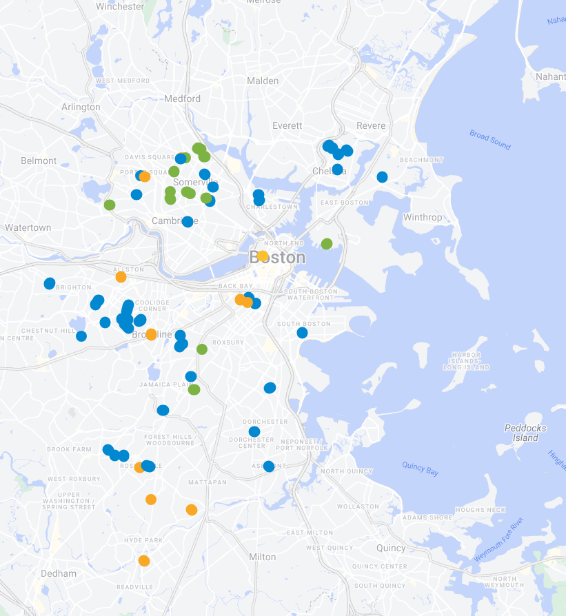 A map of the same area, but in a more minimalist style. There are even fewer query result markers, and they are now color-coded.