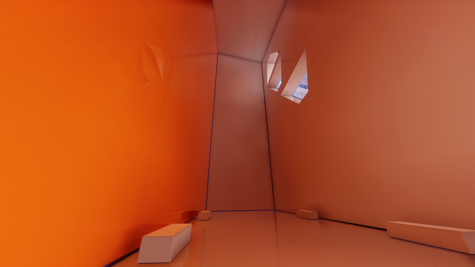 A blindingly orange room, empty except for a few small benches around the perimeter. It stretches upwards, far taller than might be expected.