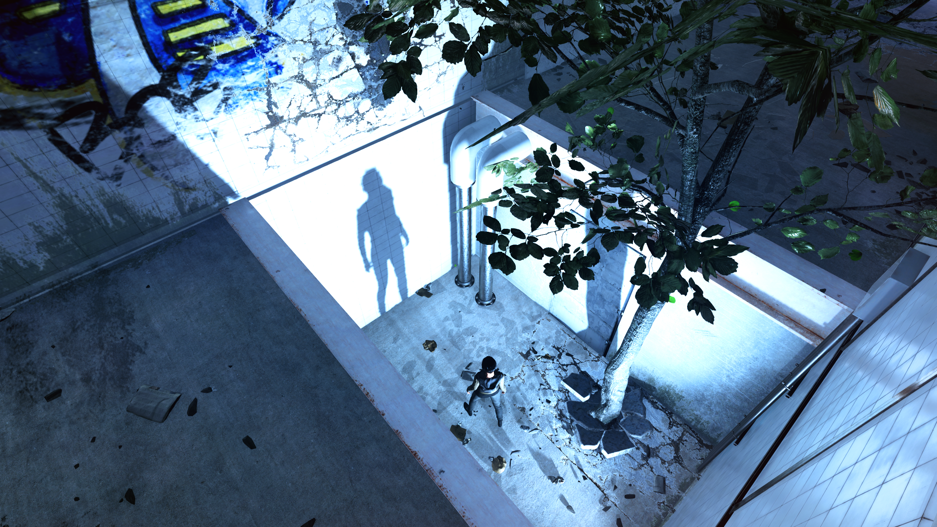 A square hole in the floor of a warehouse. A tree grows out of the concrete floor, rubble scattered around its base. A spotlight casts the shadow of the player character against the white wall of the pit.